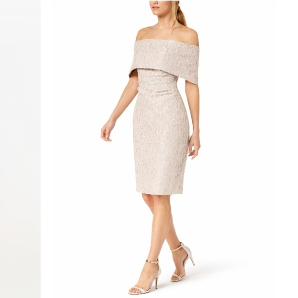 Vince Camuto Lace Off Shoulder Sheath Dress Nude Beige Cocktail Wedding Guest 2
